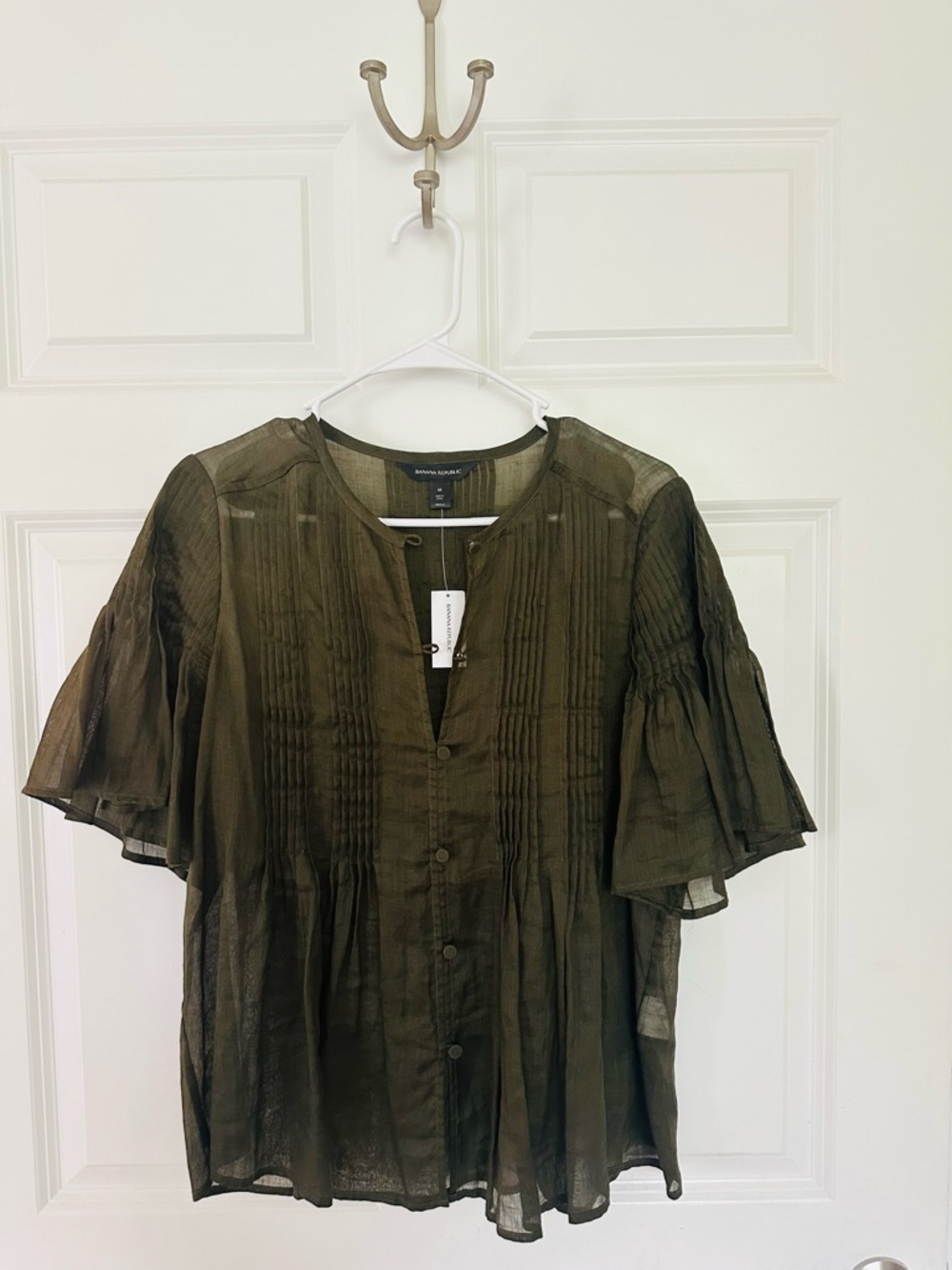 Banana Republic Sheer Olive Green Button-Front Blouse